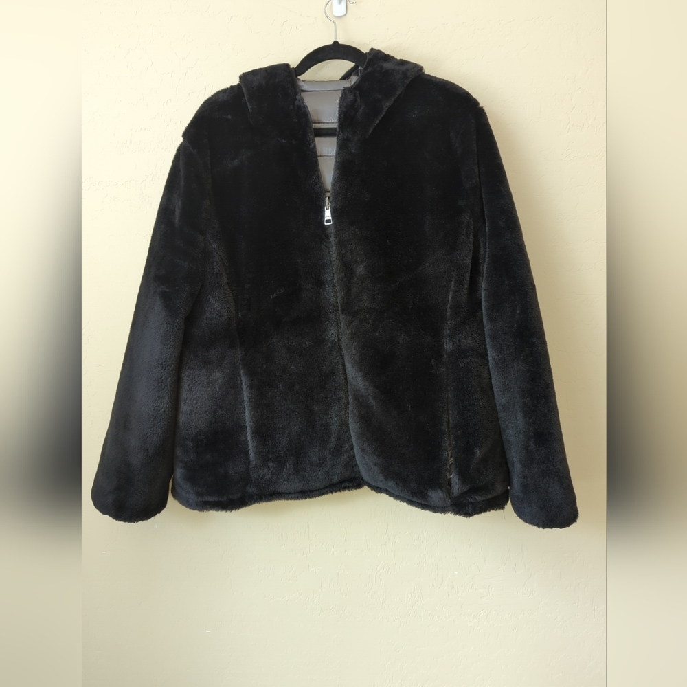 Andrew Marc Faux Fur Quilted Puffer Reversible Jacket Sz 3XL Black Gray Hood Zip